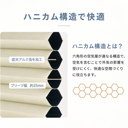 【25mm】電動 ハニカムシェード 1級遮光｜つっぱり式・コードレス式・0.1cm単位オーダー