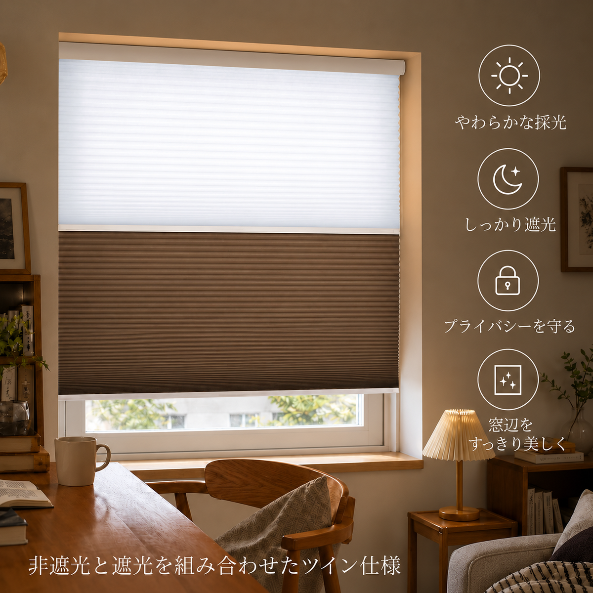 【38mm】ツインハニカム (採光/遮光)｜つっぱり式・コードレス式・0.1cm単位オーダー