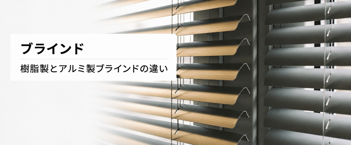 ブラインドのスラットを背景に「樹脂製とアルミ製ブラインドの違い」と示したページ主画像