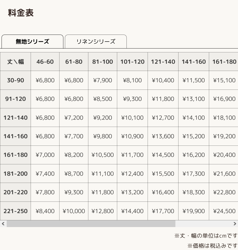 幅と丈の組み合わせで価格を確認する料金表の画面例。寸法の単位はcm、価格は税込です。
