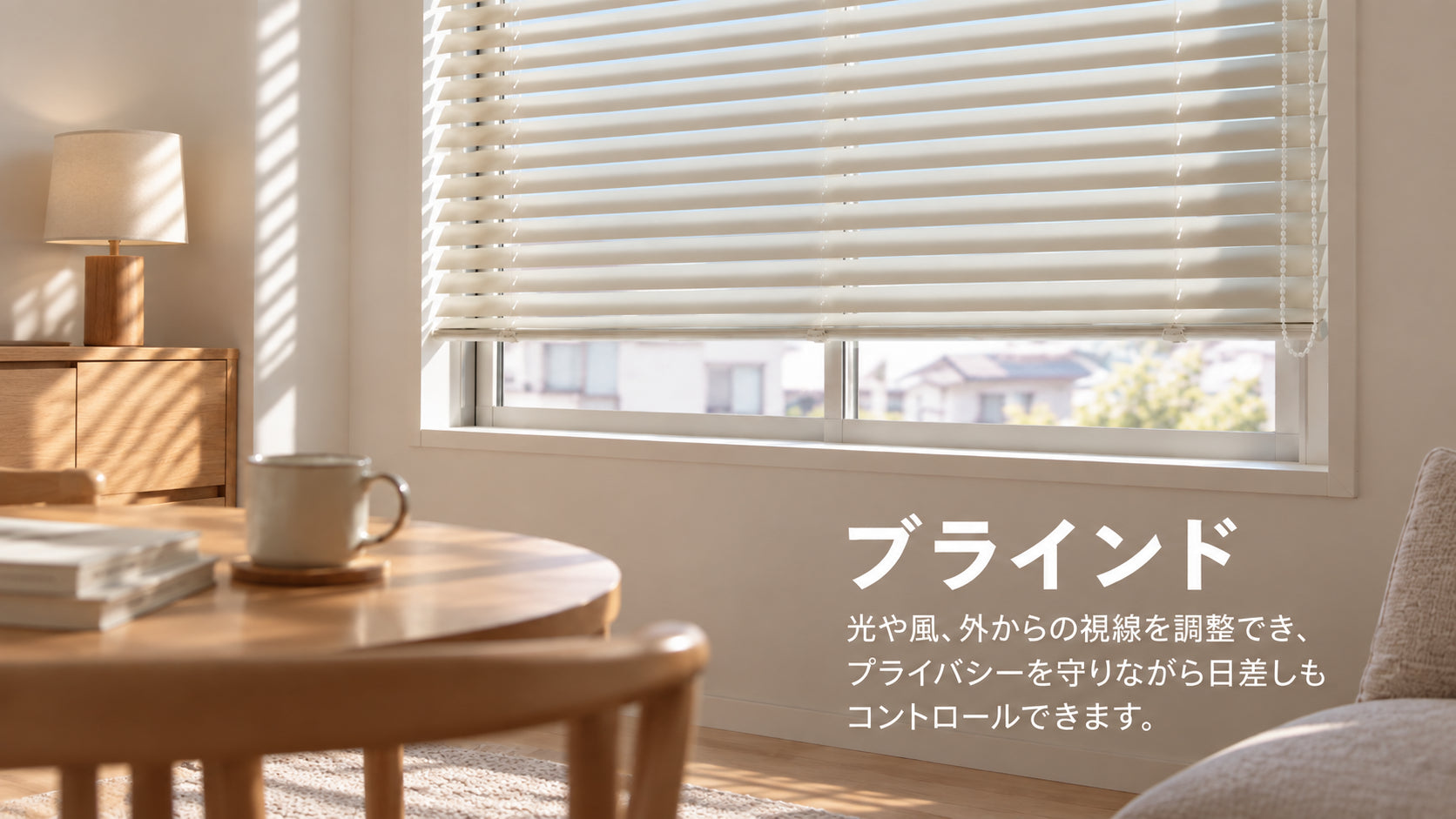 日差しが入る部屋に設置された白いブラインド
