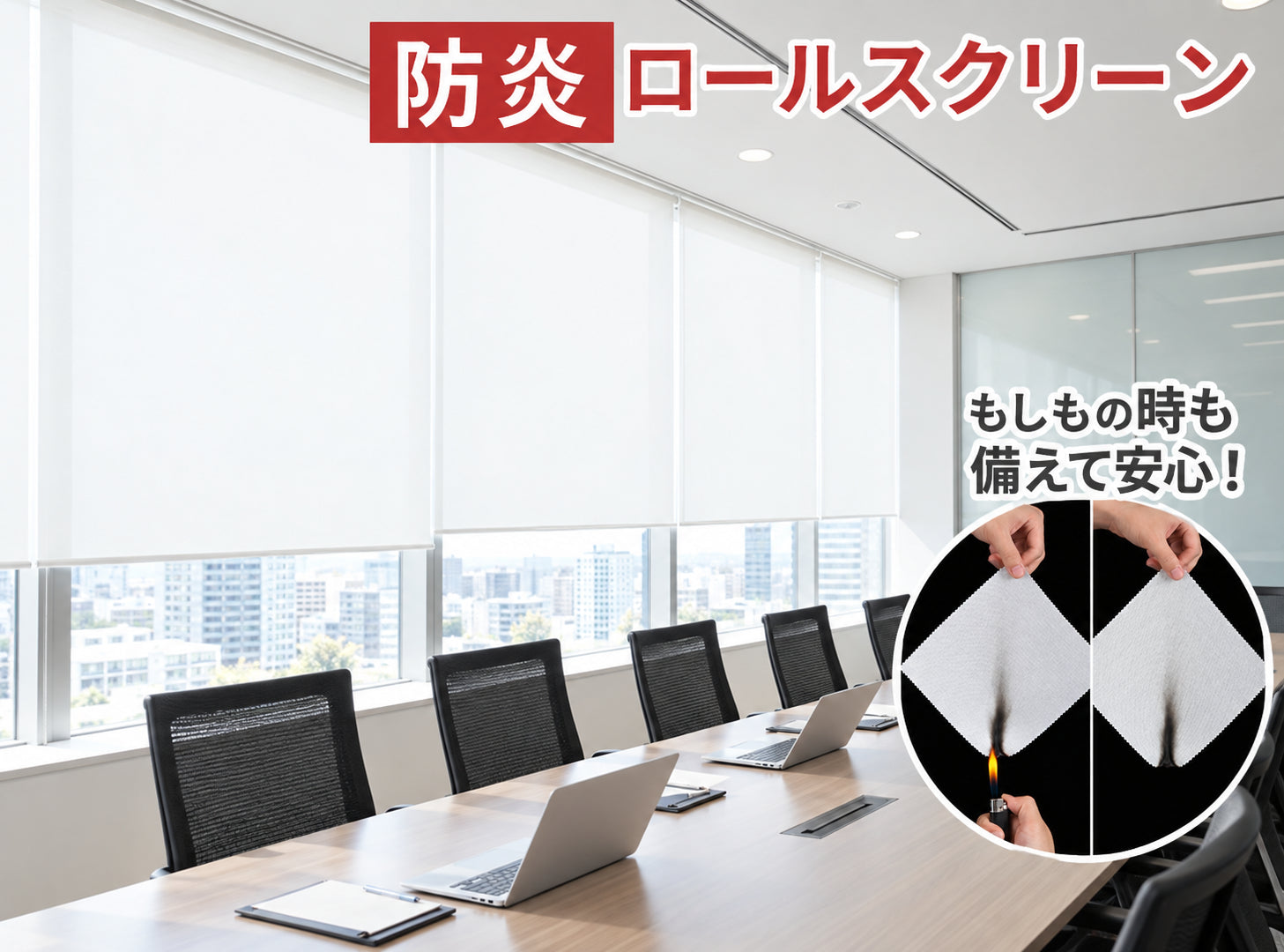 会議室に設置した防炎ロールスクリーンと、生地の燃焼性能試験の様子