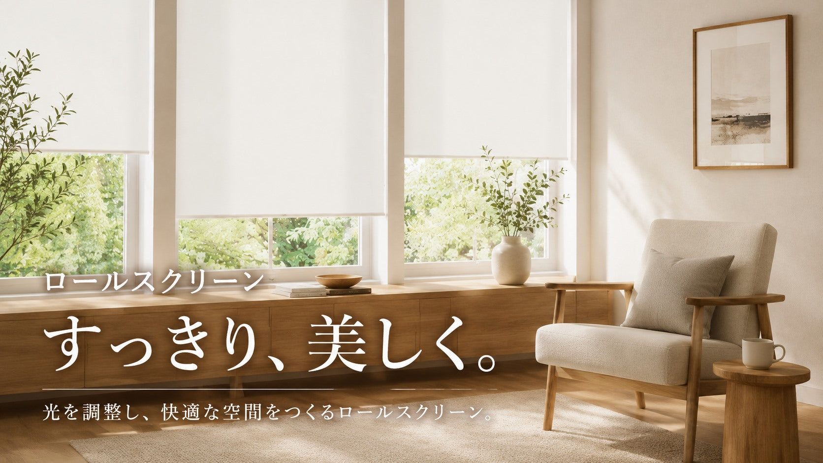 明るいリビングに設置されたロールスクリーン