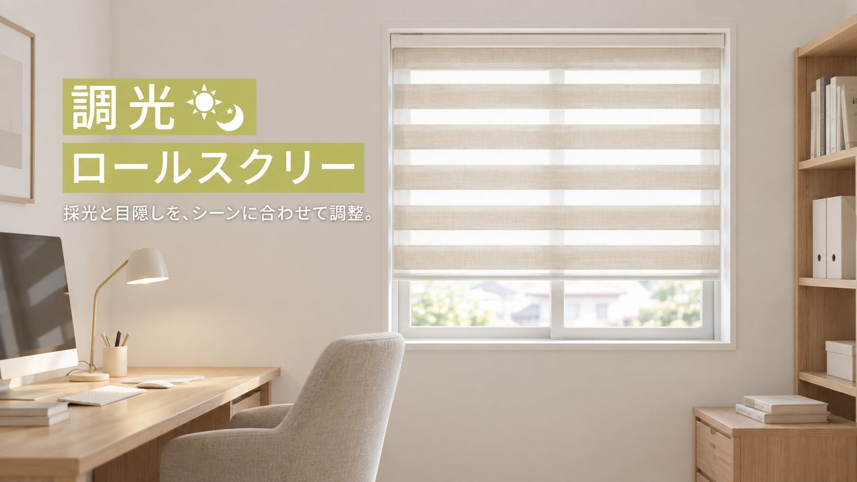 書斎の窓に設置された調光ロールスクリーン